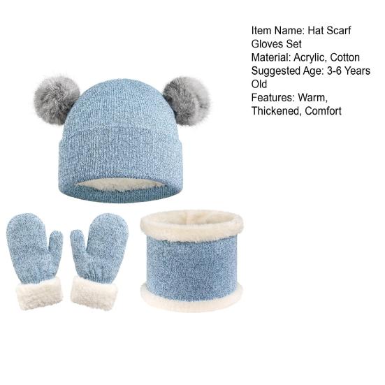 Детский зимний набор шапка, перчатки, шарф для девочек и мальчиков, утолщенный, на флисовой подкладке, вязаная шапка с помпоном, варежки, гетры для шеи, для малышей 3-6 лет