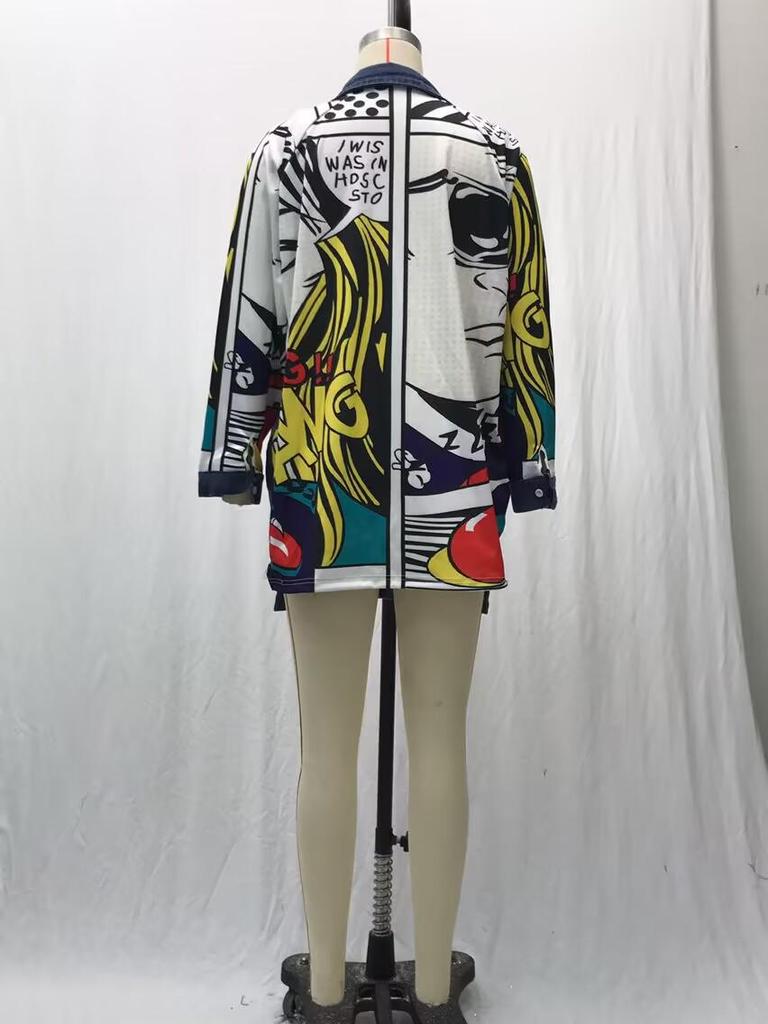 Женская джинсовая ветровка 2025 года: Креативный абстрактный узор, свободный крой, стираная джинсовая куртка