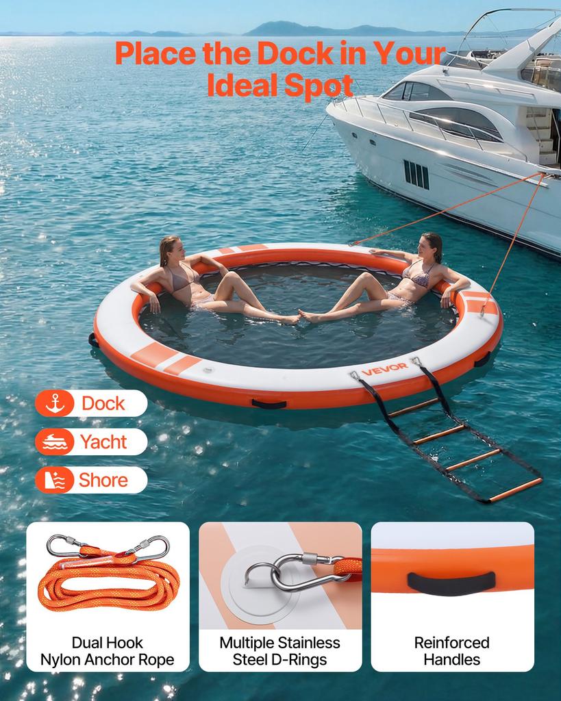 VEVOR Inflatable Floating Dock, 3.05M Inflatable Dock Platform, Non-Slip Water Air Mat with Portable Carrying Bag & Detachable Ladder