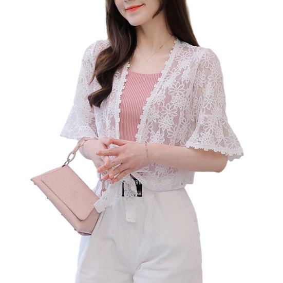 Женский кардиган, пальто с половиной рукавом, кружевная вышивка, шаль с роговыми рукавами, тонкая лоскутная короткая женская рубашка на шнуровке, сплошной цвет