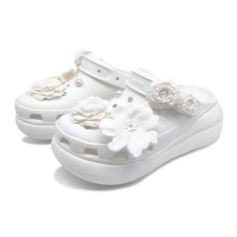 Crocs Crush Clog Зеленая Камелия Простые и Универсальные Пух Модный Тренд Повседневные Дырявые Туфли Женские Белые