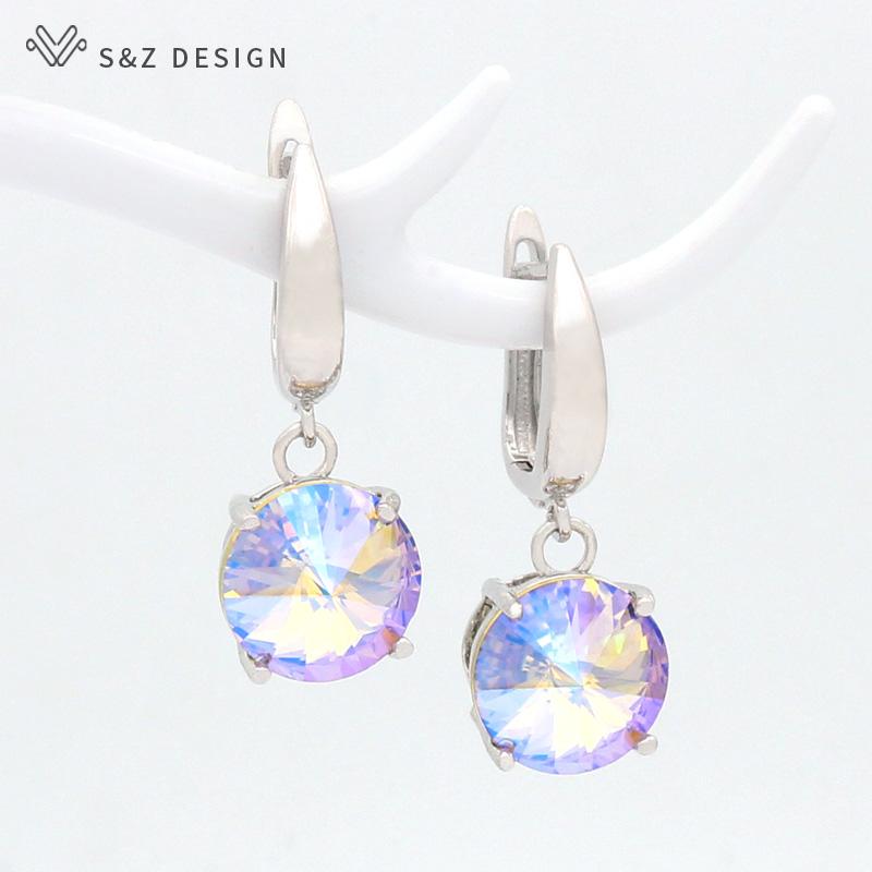Colorful Round Large Crystal Drop Earrings For Women Wedding Jewelry Fashion Rose Gold Color Eardrop Gift