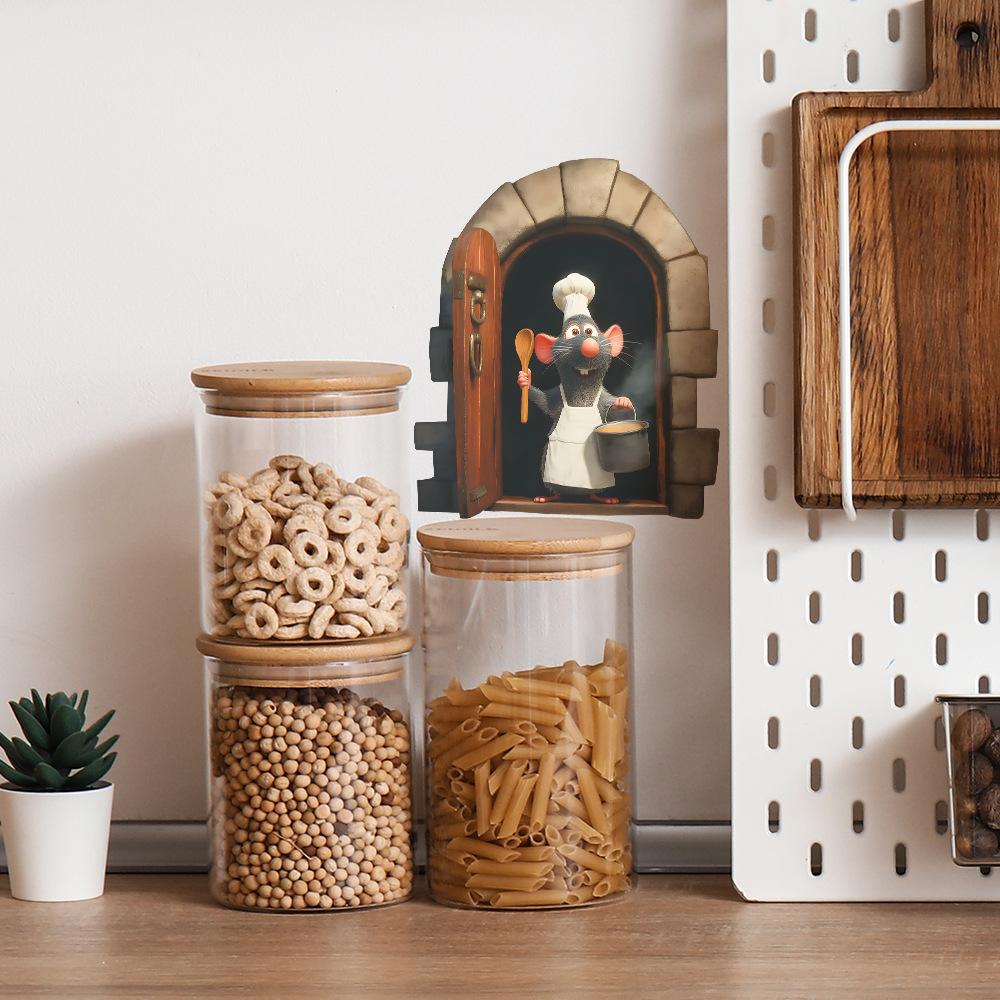 Мультяшная мышь-повар у норки Настенная наклейка для кухни, столовой, домашнего декора Самоклеящаяся съемная декаль