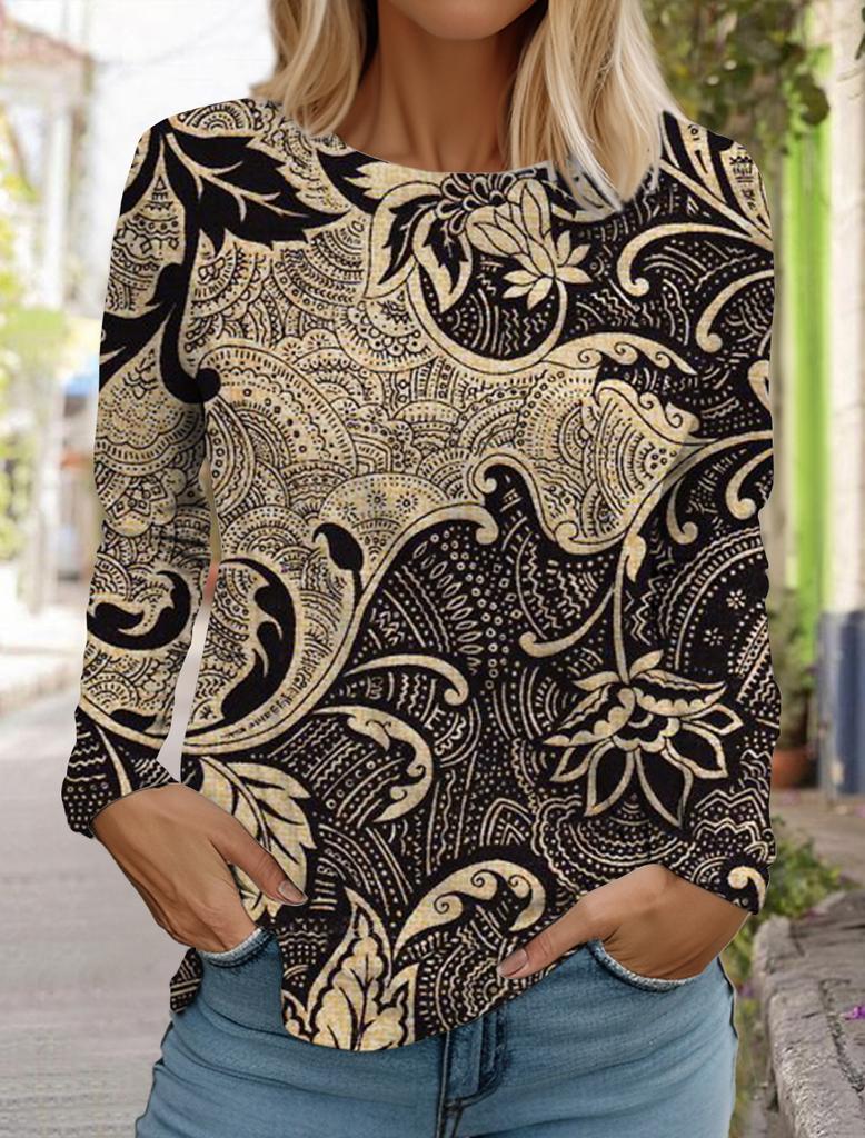 2024 Женские гавайские ретро-модные топы с длинным рукавом и круглым вырезом, повседневная футболка с длинным рукавом, дизайнерская новинка