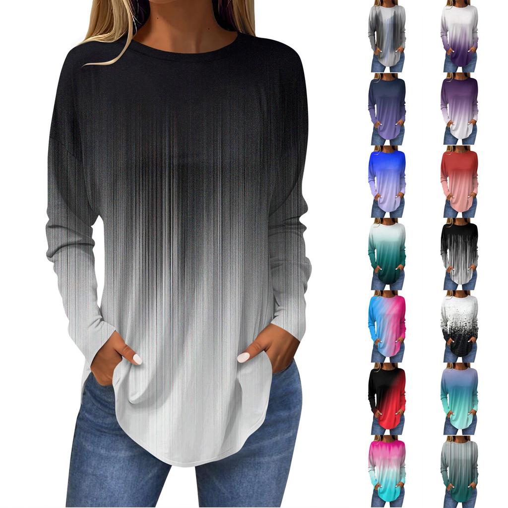 Women's Loose Round Neck Print Long Sleeve T-Shirt Top Pullover