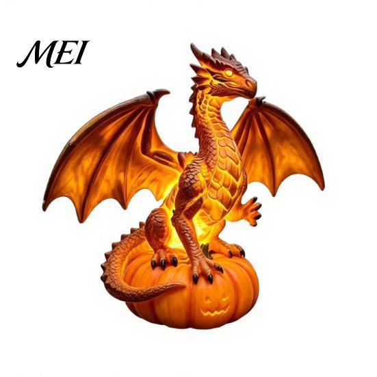 Dark Fantasy Room Decor Dragon Solar Garden Light, Halloween Night Resin Gothic Pumpkin Handcrafted Figurine Statue, Medieval Ornament for Patio Yard