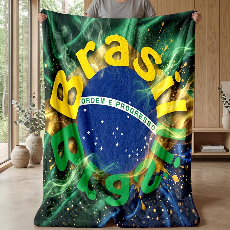 Brazil Football Printed Flannel Blanket Skin Friendly Warm Decorative Throw for Indoor Couch Bed Daily Use