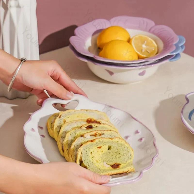 Креативные рельефные цветы Керамические тарелки Роскошные ресторанные салатницы Десертные тарелки Вкусные блюда Супницы Изысканная столовая посуда