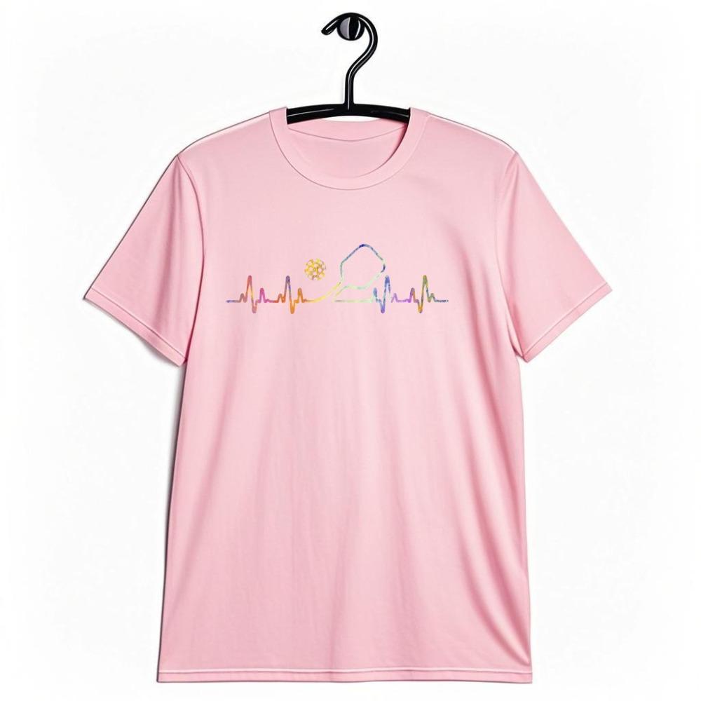 Rainbow Heartbeat Pickleball Paddle Graphic Unisex Cotton T Shirt Cool Pickleball Player Tee Summer Outdoor Sport Casual Tops Gift