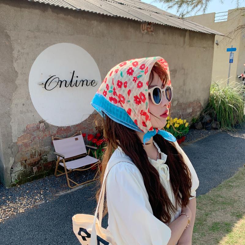 55Cm Sweet Floral Print Small Square Scarf For Women Girl Cute Soft Flower Scarf Hairband Headband Korean Hair Scarves
