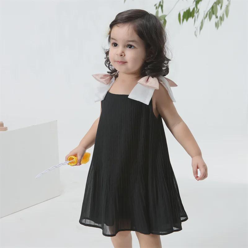 Pleated Chiffon Summer Princess Dress with Big Bow for Girls