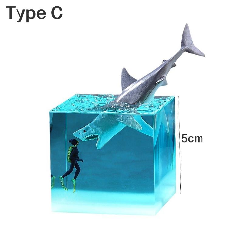3D Морской куб с китом Светодиодная настольная лампа Украшения из смолы Новинка Акула Дайвер Океан Микро Пейзаж Настольные ночники Аксессуары