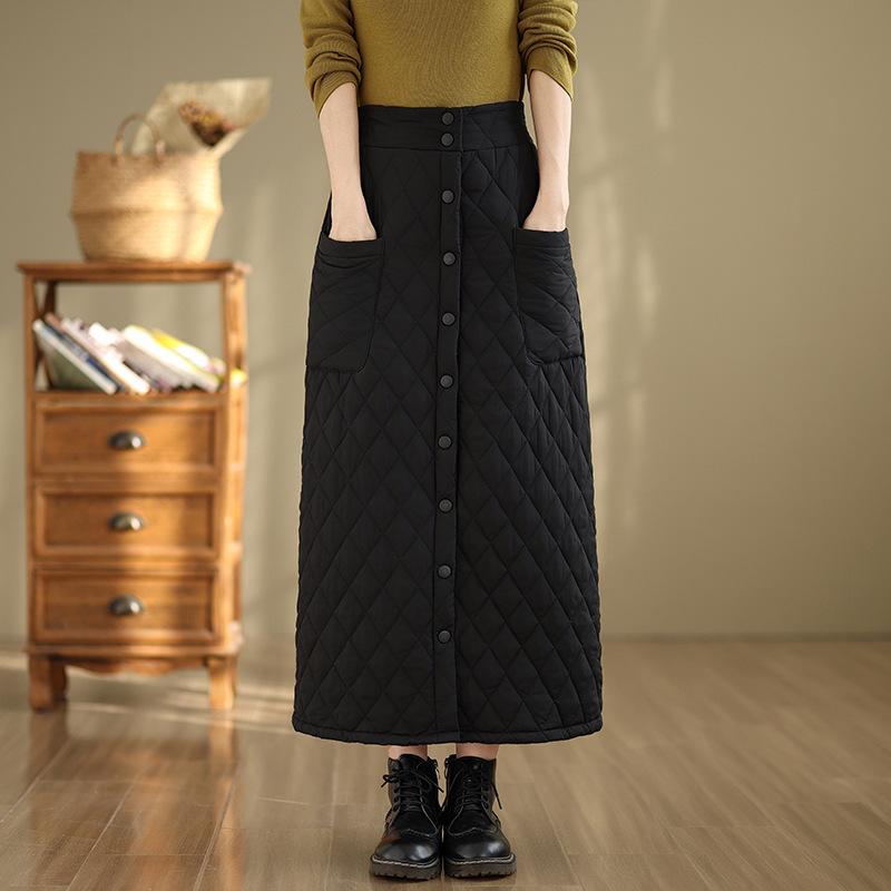 Женская юбка А-силуэта с завышенной талией, очень длинная, ветрозащитная, на пуху, из хлопка - Утепленная, на пуговицах, большого размера, зимний стиль