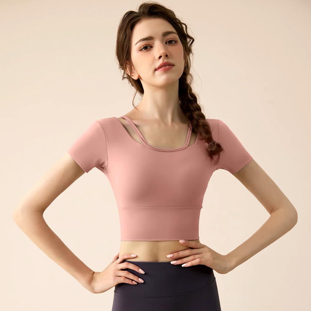 Wzhiming Yoga Short Elegant Short Perfect for Ballet and Short Sleeves Top, Cupped, Sleeve, Wear, Length, Dance, Moisture-Wicking, Quick-Drying, (M,