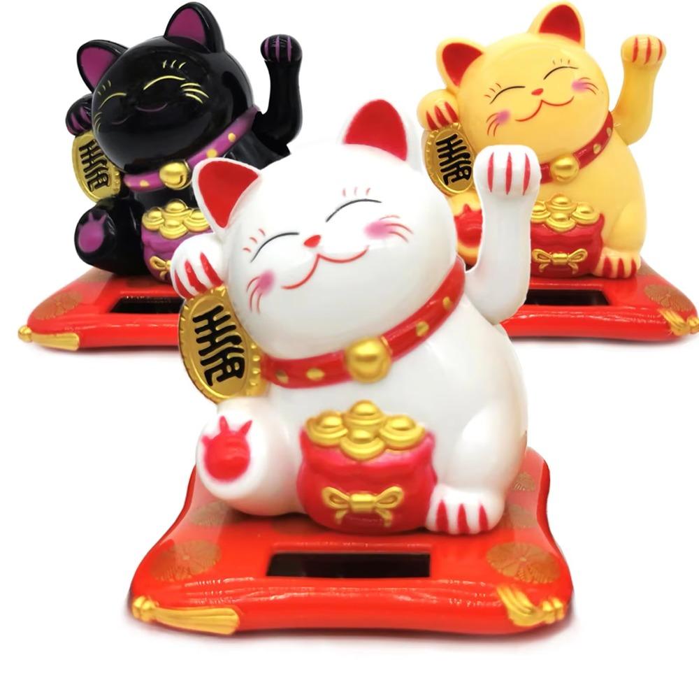 Solar Powered Fortune Cat Figurine Waving Wealth Waving Hand Cat Ornaments for Home, Office