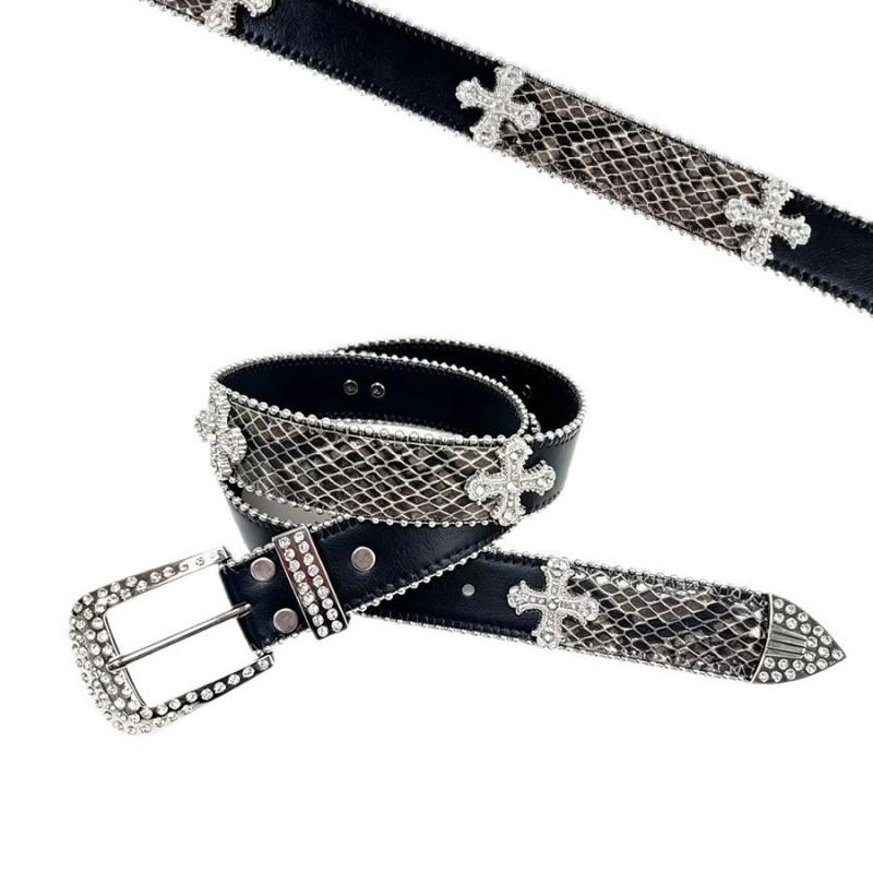 Rhinestone Cross Snake Punk Belt Women Retro Denim Style 2-4cm Width Pin Buckle