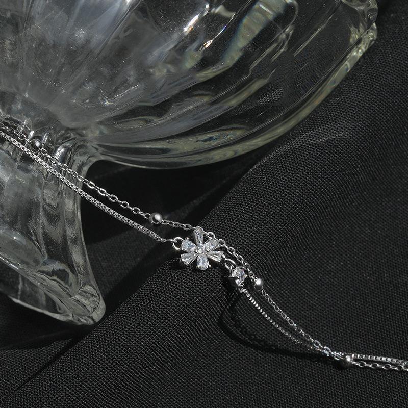 Sterling Silver S925 Silver Bracelet Women's New Flower Bracelet Korean Trend Fashion Temperament Zircon Cherry Blossom Double Layer Bracelet