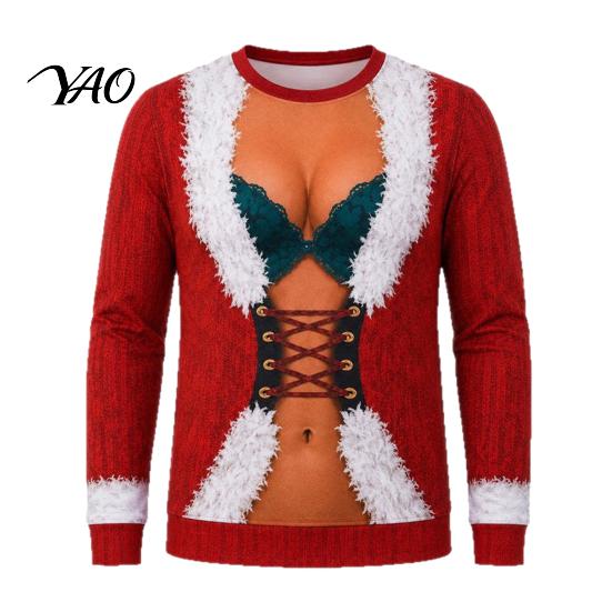 Funny Gift for Friends Christmas Shirt, Hilarious 3D Fake Corset Chest Print Crew Neck Group Holiday Wear Pullover Top, Novelty Long Sleeve