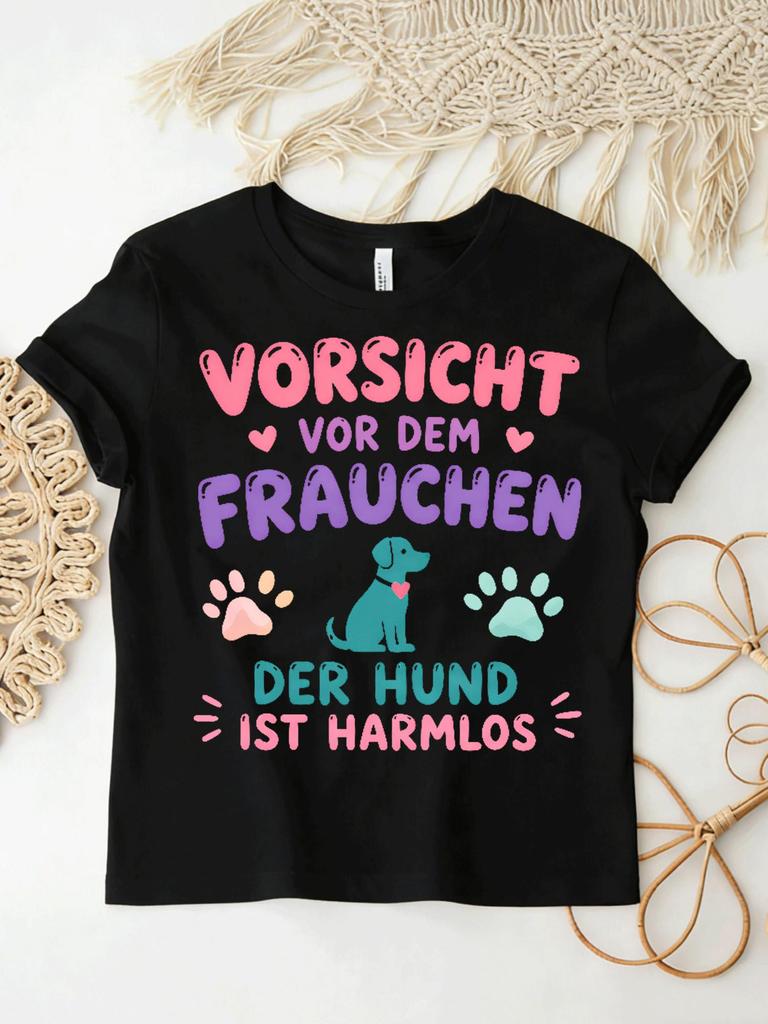 Vorsicht Vor Dem Frauchen GerUnisex Dog Quote T Shirt Cute Puppy Paw Print Pet Lover Women Casual Short Sleeve Tee