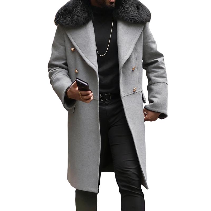 Мужское двубортное шерстяное пальто с большим меховым воротником