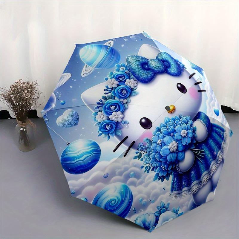 Hello Kitty,Blue Fantasy Automatic Folding Umbrella-Simple 8-Rib Design, Bright Cartoon Pattern, Durable Iron Frame, Suitable For Travel, Ou