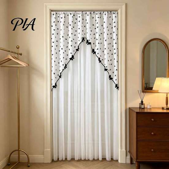 Bedroom Partition Curtains Sheer Floral Door Curtain with Beads, Lace Embroidered Gauze Room Translucent Privacy Panel Divider, Rod Pocket Doorway for