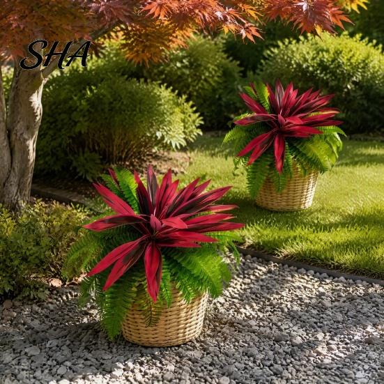 Fake Hanging Plants for Patio UV-Resistant Artificial Fern And Red Dracaena Decorative Plants, Lifelike Faux Full Lush Bushes Flower Baskets