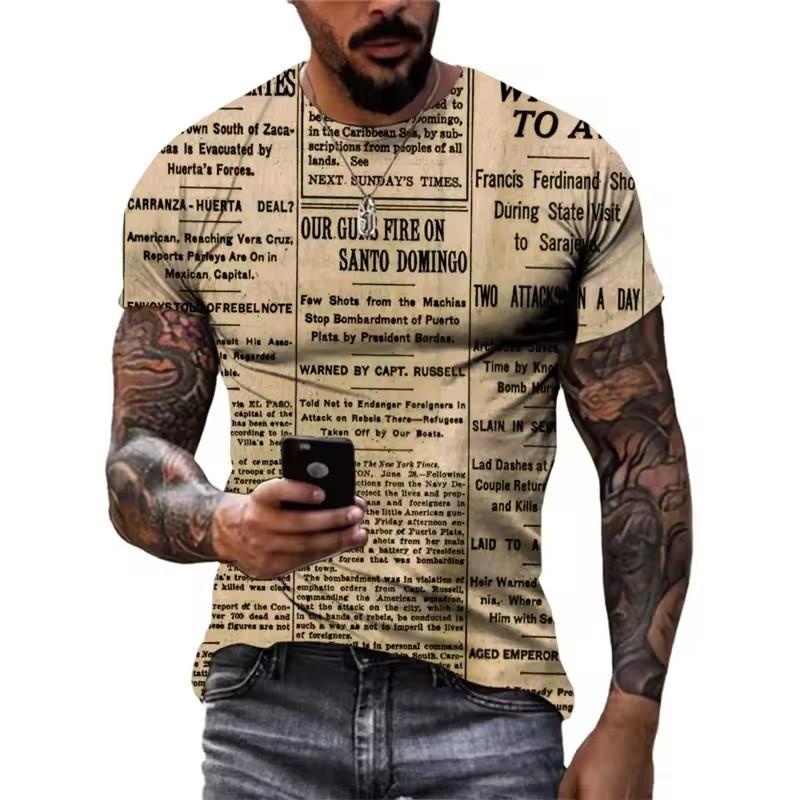 Summer Retro Old Newspapers Graphic T Shirts Men Fashion Vintage Casual Personality Tees 3D Print Trend O-neck Short Sleeve Tops