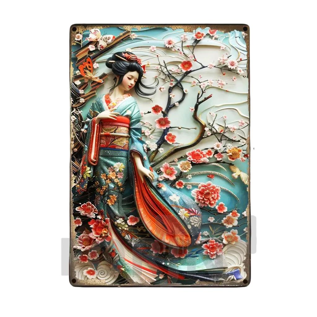 D Japanese Art Poster Kimono Cherry Blossoms elegant Retro Geisha Metal SignHomeRoomOfficeIzakayacafeStudio Wall Decor