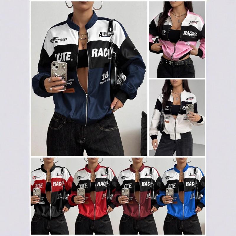 Womens Racing Jacket Casual All-match Letter Print Stand Collar Zip Up Everyday Outerwear