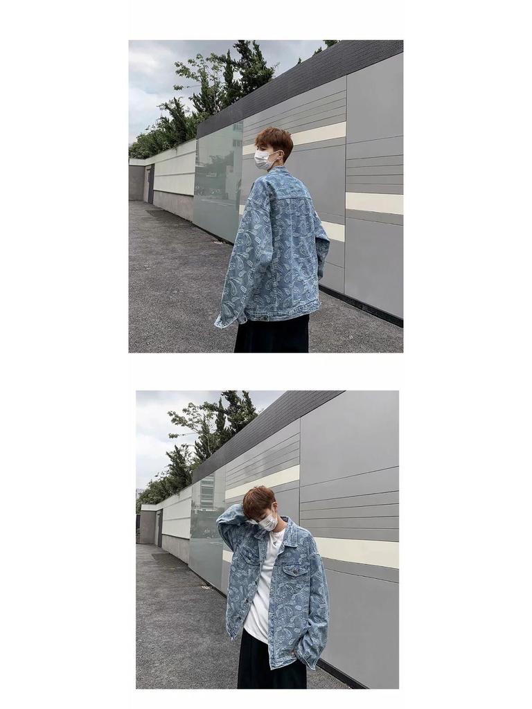 Мужская осенняя джинсовая куртка в корейском стиле с потертостями - жаккардовая, свободного кроя, повседневная, красивая, большого размера.