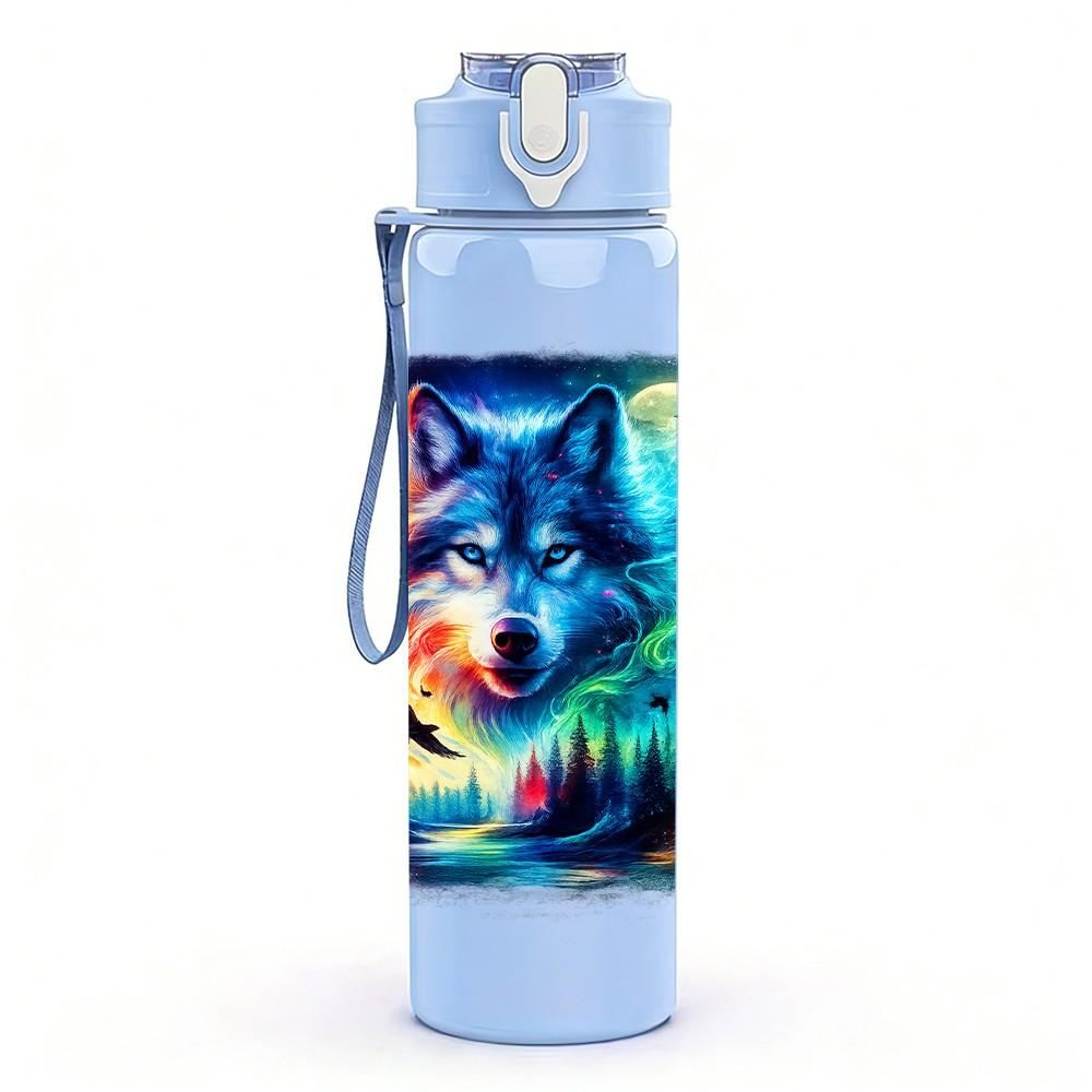 1PC Glowing Galaxy Wolf Head Print 750ml Color Plastic Sports Water Bottle Leakproof Flip Straw Lid Suitable for Sports Office Home Use