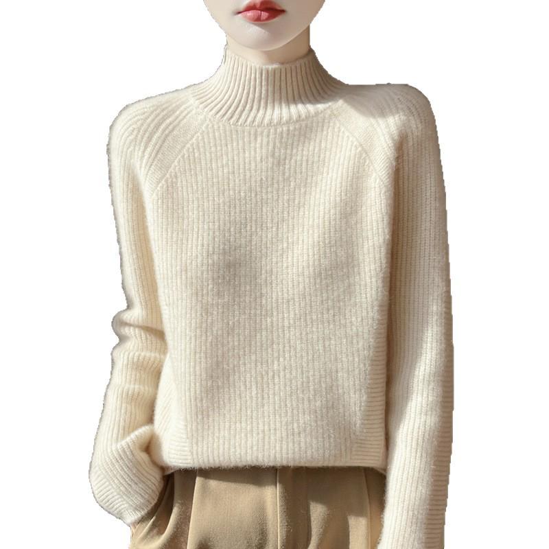 2025 Autumn/Winter Women's Wool Ribbed Loose Knitwear with Seven-Stitch High Neck - Soft, Versatile, and Trendy.