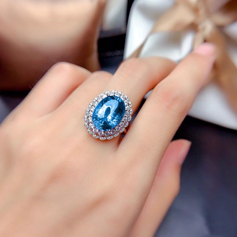 Set Perhiasan Perak Murni 925 Anting-Anting Kancing Liontin Cincin Topas Biru Langit untuk Hadiah Pernikahan Natal Wanita Perhiasan Cantik