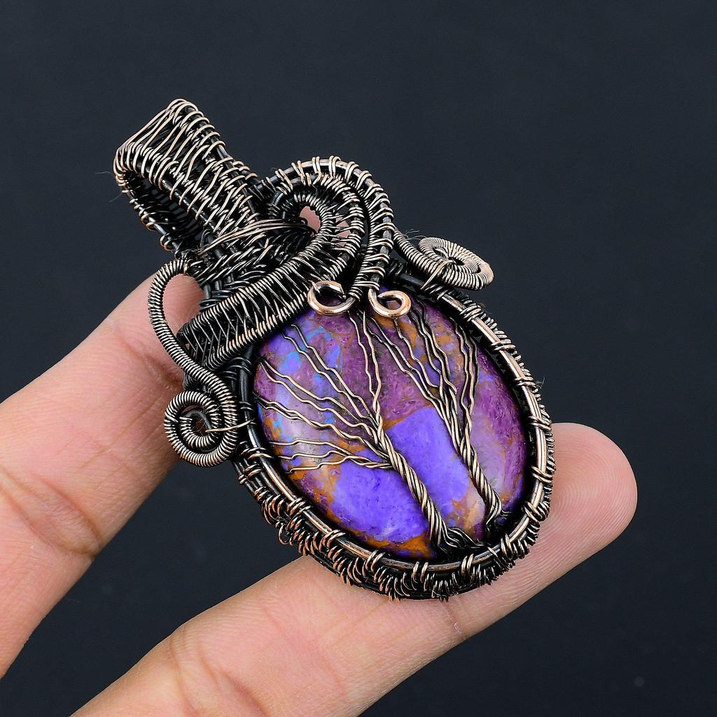Double Tree of Life Purple Turquoise Pendant, 999 Copper Wire Wrapped Jewelry, Gemstone Jewelry Pendant, Handmade Wedding Gift Jewelry