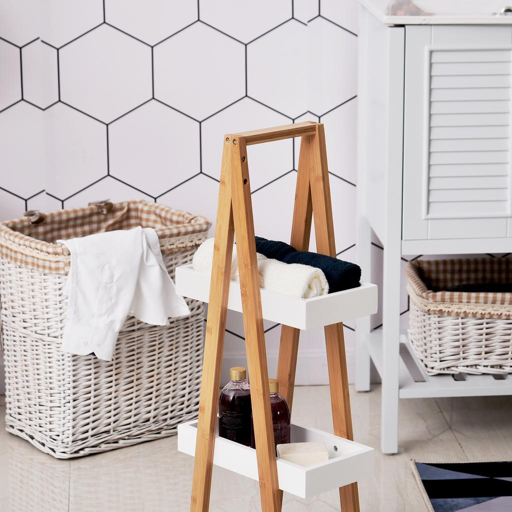 Bamboo Bathroom Shelf With 3 Tiers Storage Rack A Shaped Wooden Shelf 30x18x81 Cm Natural And White