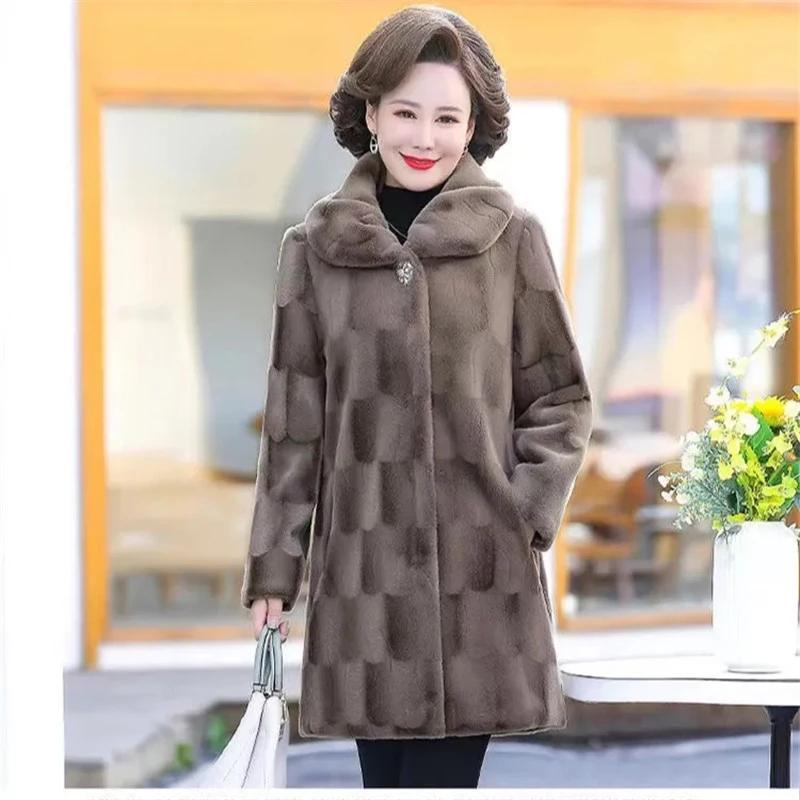 Winter New Mother Fur Coat Mid-length Middle-aged Elderly Women Thicken Warm Imitation Mink Velvet Fur Jacket Female Parkas 6XL