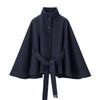 Womens Winter Loose Wool Blend Coat With Belt Stand Collar 3-Button Cape Style Outerwear