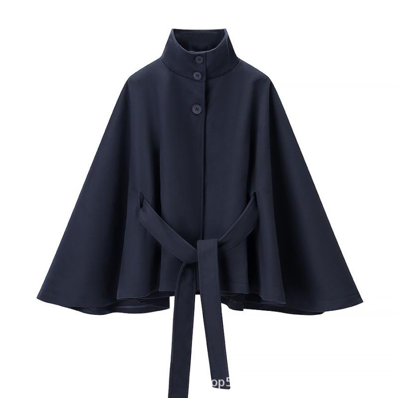 Womens Winter Loose Wool Blend Coat With Belt Stand Collar 3-Button Cape Style Outerwear