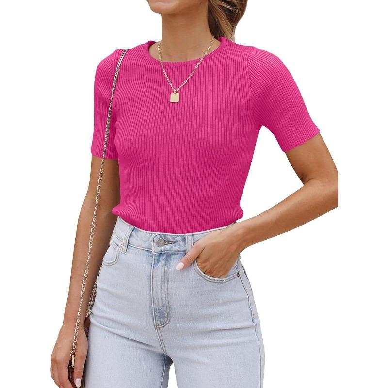 Women Short Sleeve Crew Neck Slim Fit Knit T Shirt