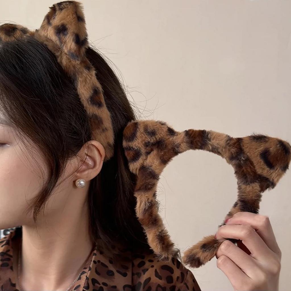 Plush Cat Ears Headband Vintage Leopard Print Hair Hoops Cute Festival Accessories Fashion By Clips Ribbon for Hair Hair Hoop