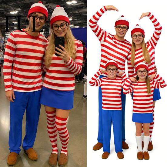 Red White Striped Shirt Halloween for Adults Kids, Nerd Glasses Matching Clothes Hat Included, Men Women Children Sweatshirt Cosplay Costume