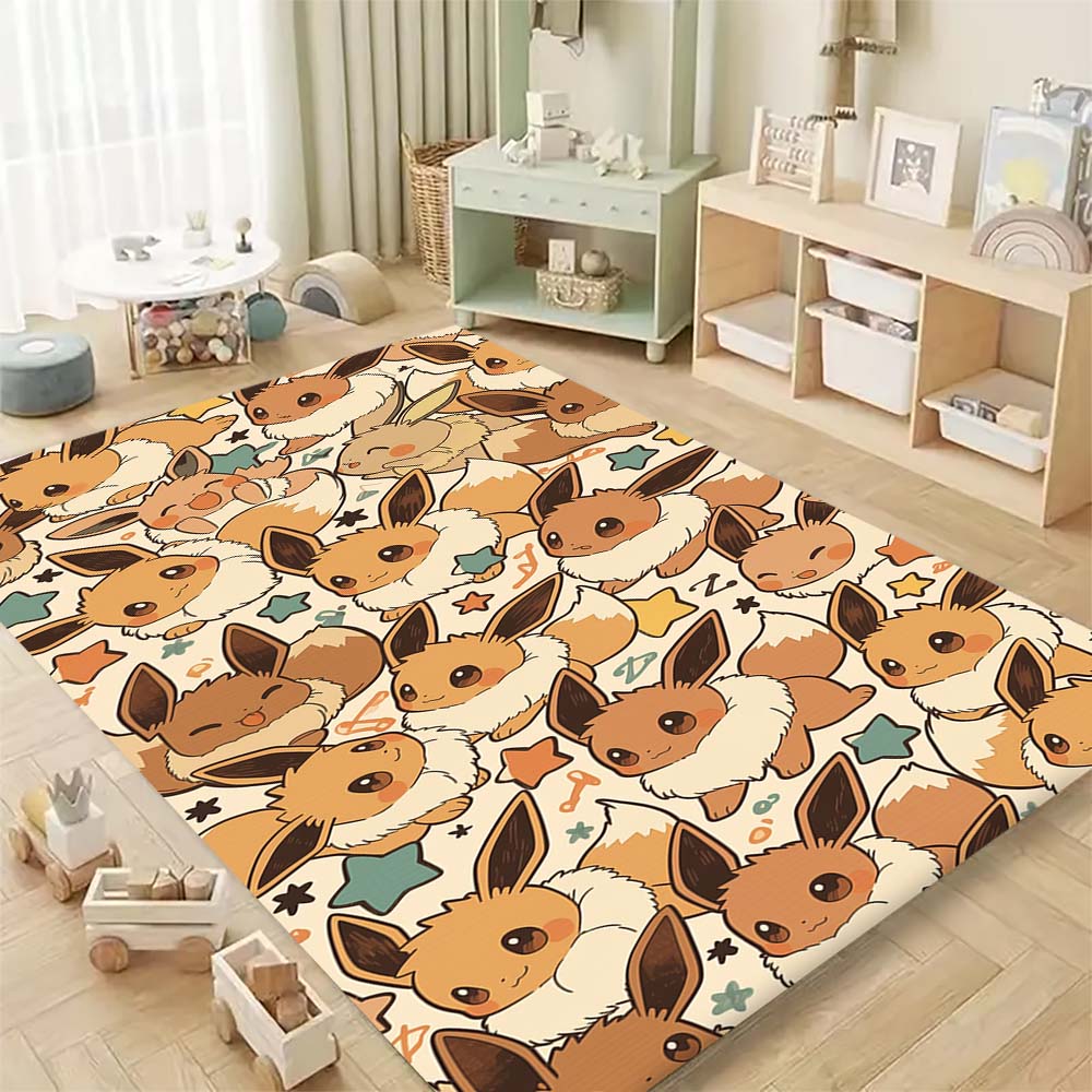 Lovely Eevee Character Carpet Cute Pocket Monster Printed Area Rug for Girls Teens Bedroom Decoration