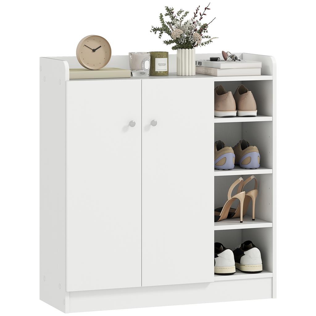 Shoe Cabinet, 4 Open Compartments, Double Doors, Adjustable Shelf, 12 Pairs, 83x30x90cm, White
