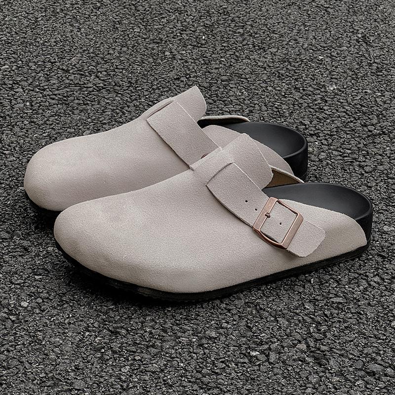 Мода Мода Замшевые Пробковые Тапочки для Мужчин Стелька Пробковые Сабо Сандалии с Поддержкой Свода Стопы Сабо Мюли Тапочки Для Отдыха Ходьба Мужской Полудраг