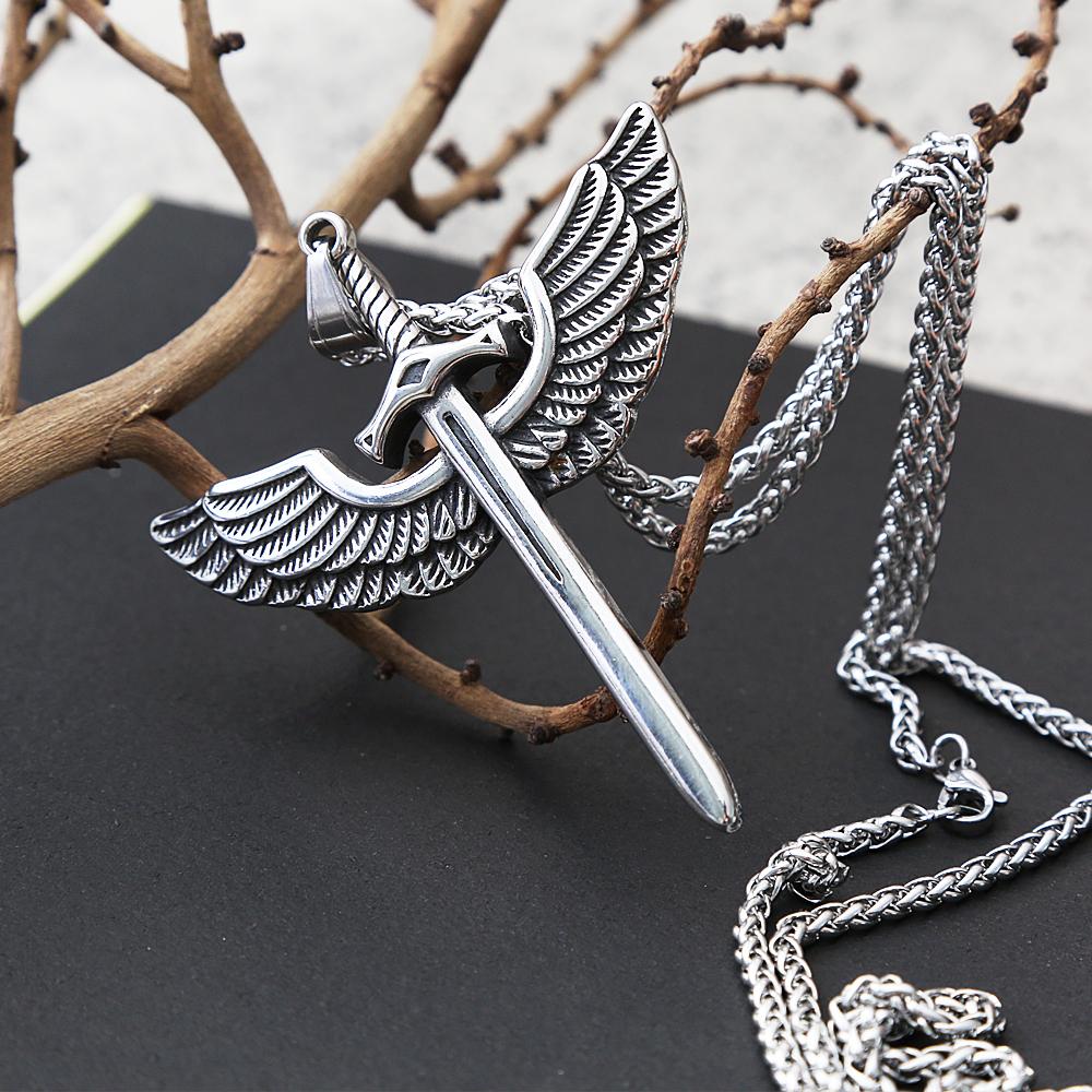 Vintage Angel Holy Sword Stainless Steel Cross Necklace for Men Fashion Jewelry Angel Wing Necklace Pendant Punk Men Chain