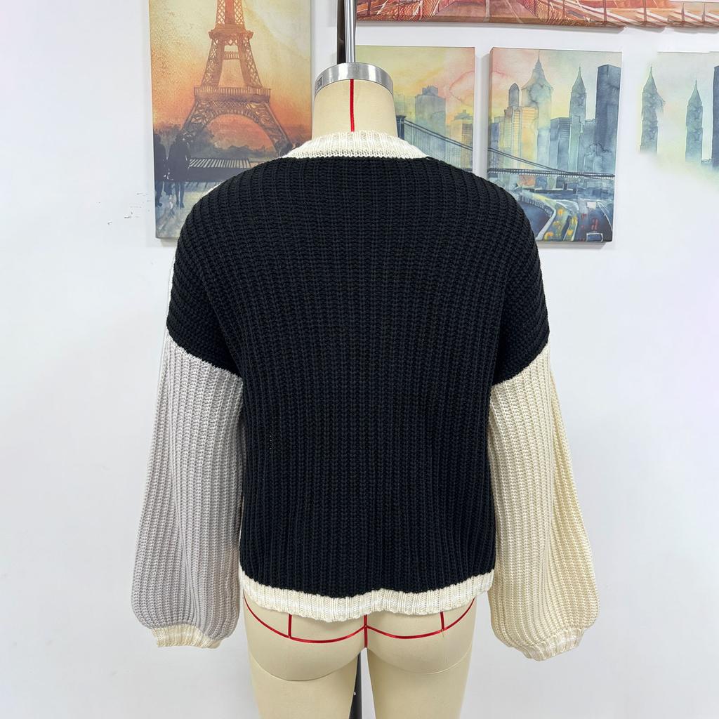Women's Fashion Loose Splicing  Knitted Cardigan Coat Sweater
