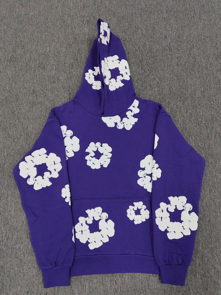 Худи из плотного хлопкового денима с цветочным принтом - Модная американская уличная куртка для мужчин