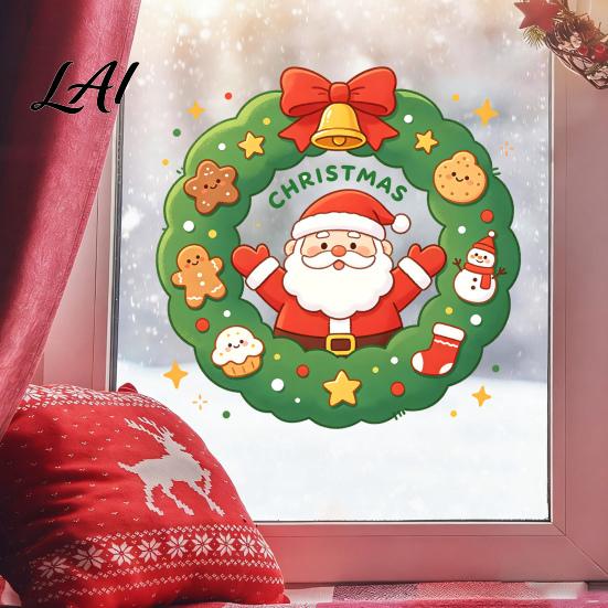 Christmas Window Clings Santa Claus Wreath Cling Cartoon Static Sticker PVC Easy Peel Film Waterproof Glass Decal for Home Holiday Party And