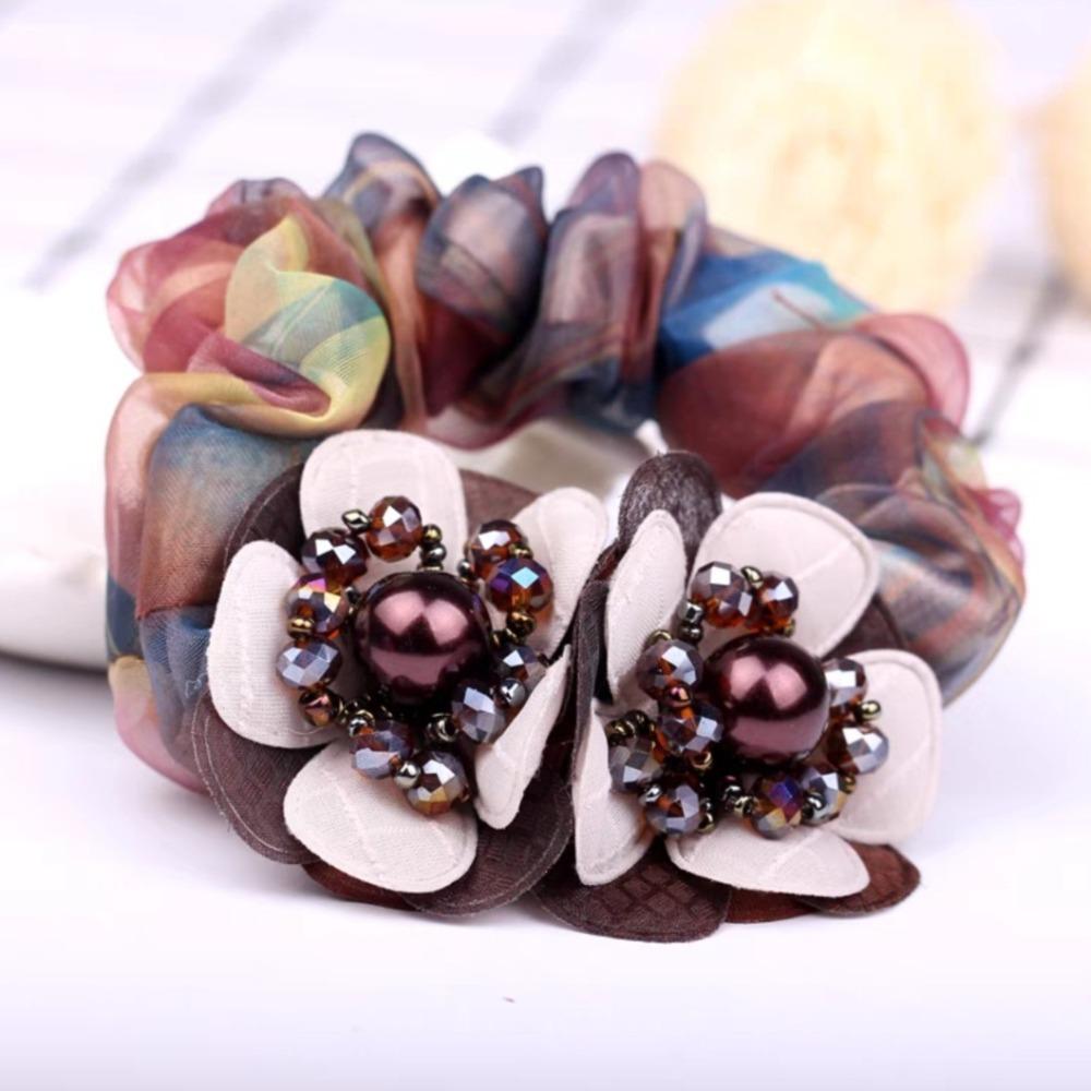 Luxury Pearl Flower Scrunchie Elegant Ponytail Holder Fashion Hair Ropes For Women Girls